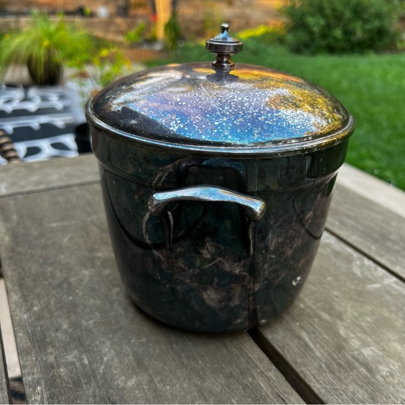 Vintage Silver Plate Crescent White Glass Lined Ice Bucket Rainbow Patina - Picture 4 of 9